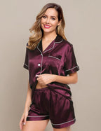 LecGee Womens Silk Satin Pajamas Short Sleeve Loungewear Two-Piece Sleepwear Button-Down Pj Set