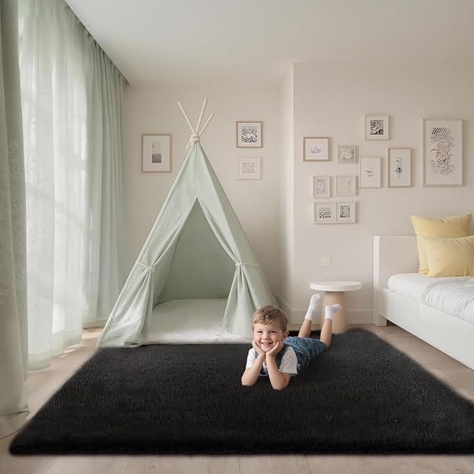 Shag Black Rug 6x9 Area Rugs for Bedroom Living Room - Non Slip Ultra Soft Large Fluffy Fuzzy Plush Shaggy Furry Bedside Rug for Dorm Kids Room Nursery Playroom,Home Office Modern Carpet