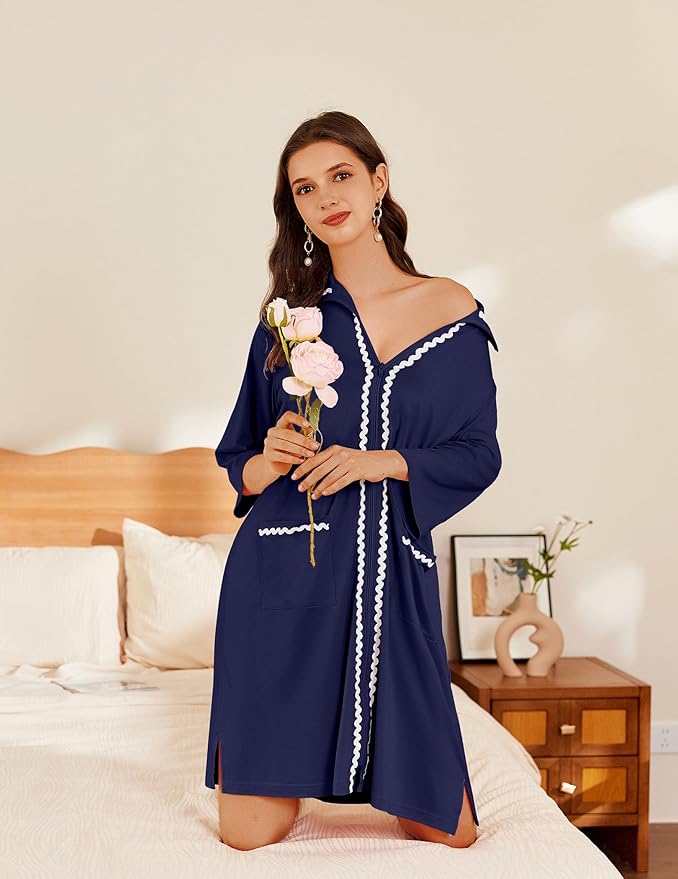 Ekouaer Women Zipper Robe Lightweight House Coat Zipper Front Short Bathrobes Soft Nightgown with Pockets S-3XL