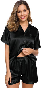 SWOMOG Womens Silk Satin Pajamas Set Short Sleeve Sleepwear Button Down Top and Shorts Loungewear 2 Piece Pjs Set XS-3XL