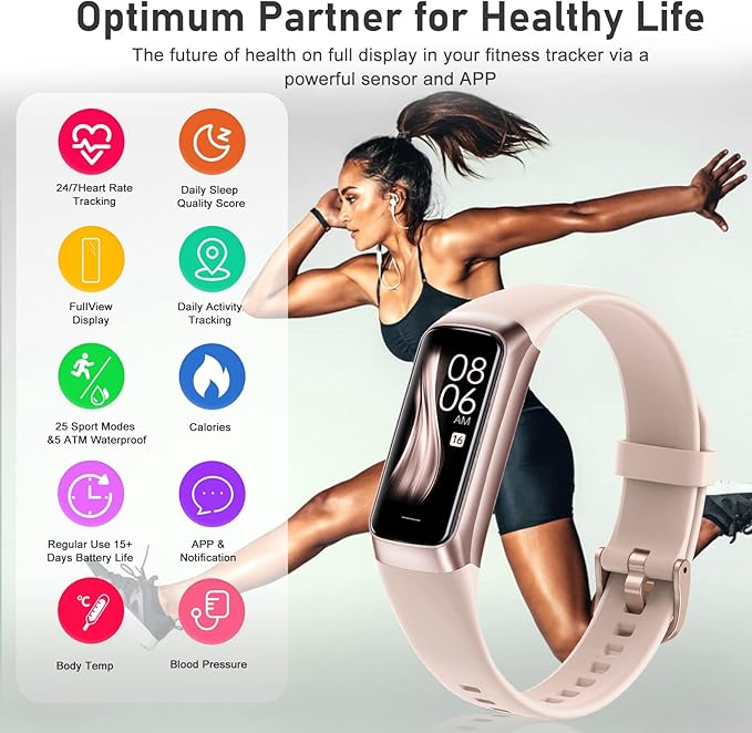 Fitness Tracker with 24/7 Heart Rate, Blood Oxygen Blood Pressure Sleep Monitor, Activity Trackers 5 ATM Waterproof,Step Calorie Counter Pedometer Health Smart Watch for Women Men