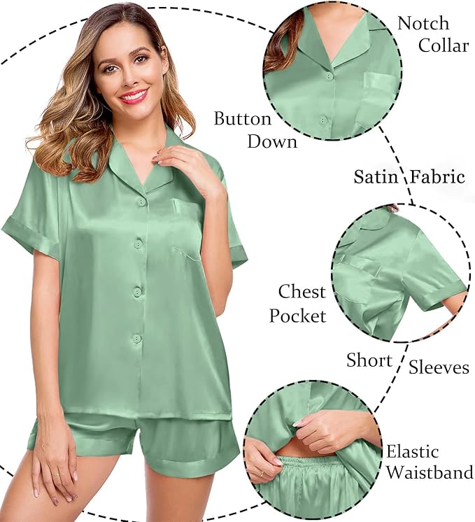 LecGee Womens Silk Satin Pajamas Short Sleeve Loungewear Two-Piece Sleepwear Button-Down Pj Set