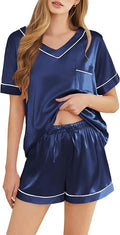 Silk Pajamas for Women Short Sleeve Satin 2 Piece Pj Set Soft V Neck Sleepwear Loungewear, S-XXL