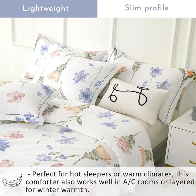 ALEISSEL Natural Cotton 3pcs Floral Comforter Sets King Size - White Comfoter with Blush,Blue & Beige Floral Prints, Neutural Refresh Lightweight Bedding Sets(King 104"×90")