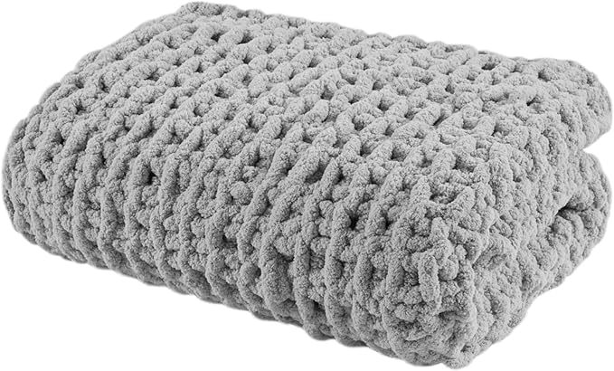 Madison Park Chenille Chunky Knit Handmade Throw Blanket, Luxuriously Soft Gift Blankets, Cottage Style Room Décor, Lightweight & Breathable All Seasons Throw Blanket for Couch, 50" W x 60" L Grey