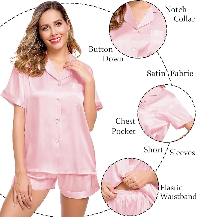 LecGee Womens Silk Satin Pajamas Short Sleeve Loungewear Two-Piece Sleepwear Button-Down Pj Set