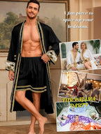 ChiaoLezhee Men's Luxury Silky Robe & Shorts Set, 2PC Lightweight Satin Pajamas with Pockets, Opulent Baroque Kimono Gifts