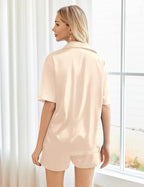 Ekouaer Pajamas for Women Silk Satin Pjs Soft Sleepwear Short Sleeve Button Down Pjs Top and Shorts 2 Piece Lounge Set S-XXL