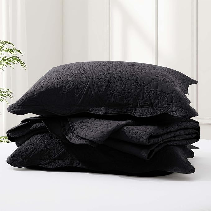 IR Imperial Rooms Twin Quilt Bedding Set Size (68” x 86”) + 1 Pillow Shams (20” x 26” + 2”) - 2 Pcs All Season Lightweight Reversible Microfiber Coverlet Floral Embossed Quilt Bedspread (Black)