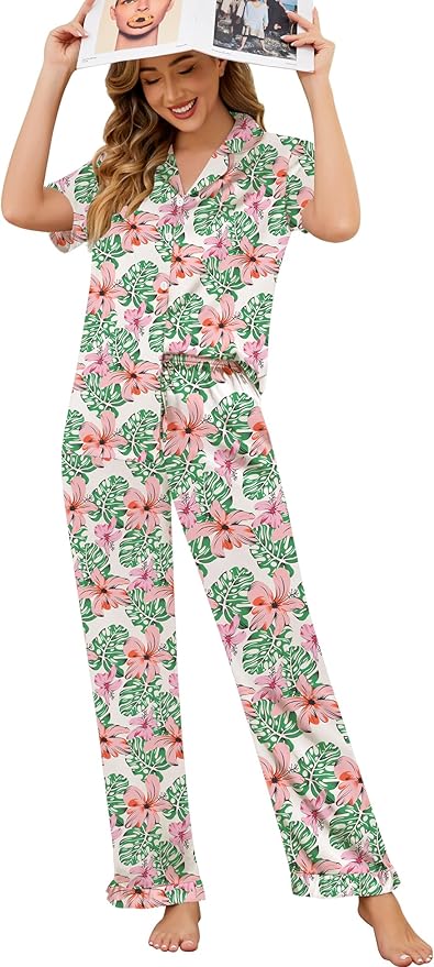 SWOMOG Women Satin Pajamas Set Short Sleeve Top & Pants Sleepwear Silky Button Down Nightwear 2pcs Loungewear Pjs Set
