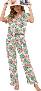 SWOMOG Women Satin Pajamas Set Short Sleeve Top & Pants Sleepwear Silky Button Down Nightwear 2pcs Loungewear Pjs Set