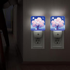Cherries Blossom Night Lights Plug Into Wall, Night Fanciful Moon Stars Spring Peach Smart Led Plug in Lights for Wall Socket for Bathroom Closet Laundry Room Decor 2pcs