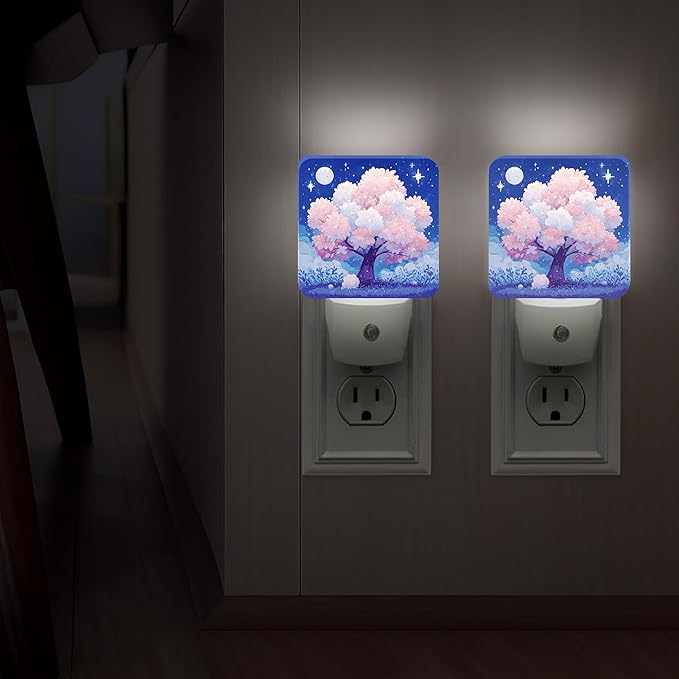 Cherries Blossom Night Lights Plug Into Wall, Night Fanciful Moon Stars Spring Peach Smart Led Plug in Lights for Wall Socket for Bathroom Closet Laundry Room Decor 2pcs