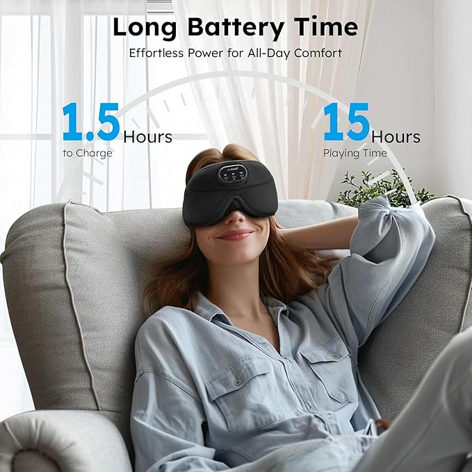 LC-dolida White Noise Sleep Mask, 3D Sleep Headphones with 16 Soothing Sounds, Bluetooth 5.4 Sleep Eye Mask with Timer, Total Blackout Sleeping Headphones for Side Sleeper (Black) (Black)