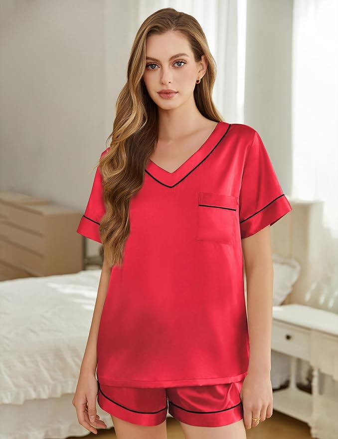 Silk Pajamas for Women Short Sleeve Satin 2 Piece Pj Set Soft V Neck Sleepwear Loungewear, S-XXL