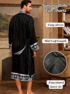 ChiaoLezhee Men's Luxury Silky Robe & Shorts Set, 2PC Lightweight Satin Pajamas with Pockets, Opulent Baroque Kimono Gifts