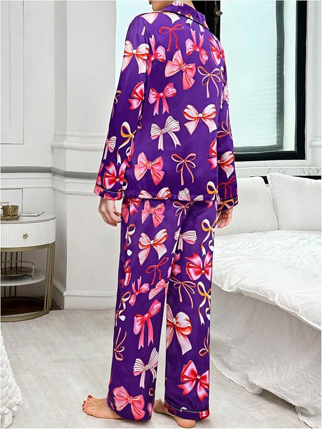 WDIRARA Women's 2 Piece Bowknot Print Satin Pajama Set Long Sleeve Button Down Lounge Pants Sleepwear Sets