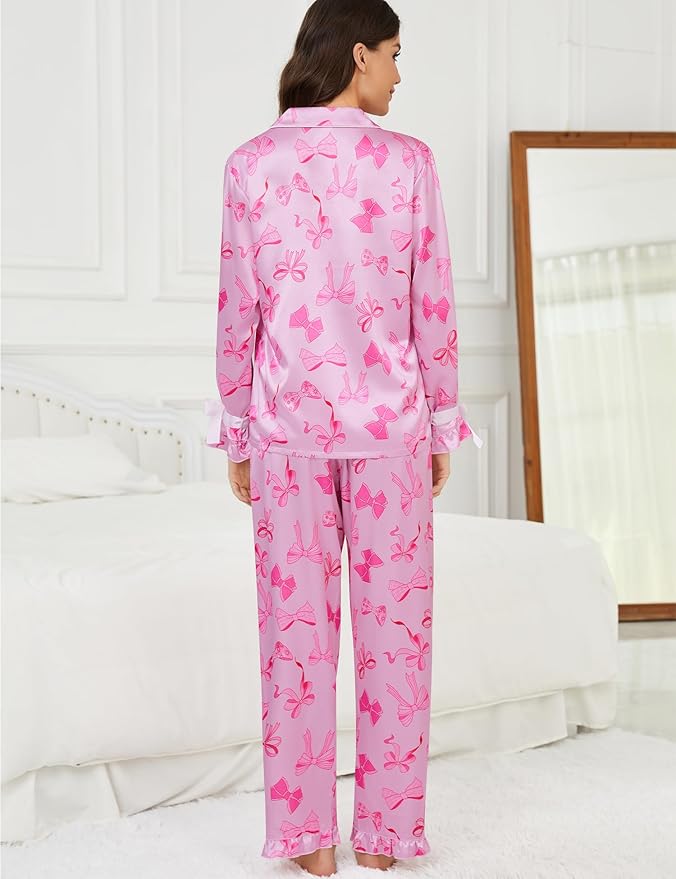 SWOMOG Womens Silk Satin Pajamas Set Long Sleeve Button Down Sleepwear 2 Piece Lounge Set Pj Set XS-3XL