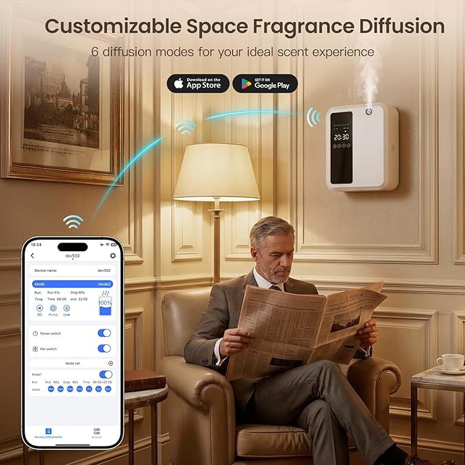 Waterless Essential Oil Diffuser for Large Room, 500ml Hotel Scent Diffuser, Cold Air Scent Machine, Covers Up to 3500 Sq Ft, Smart App Control, Wall Mounted, Fragrance Diffuser for Office Spa Home