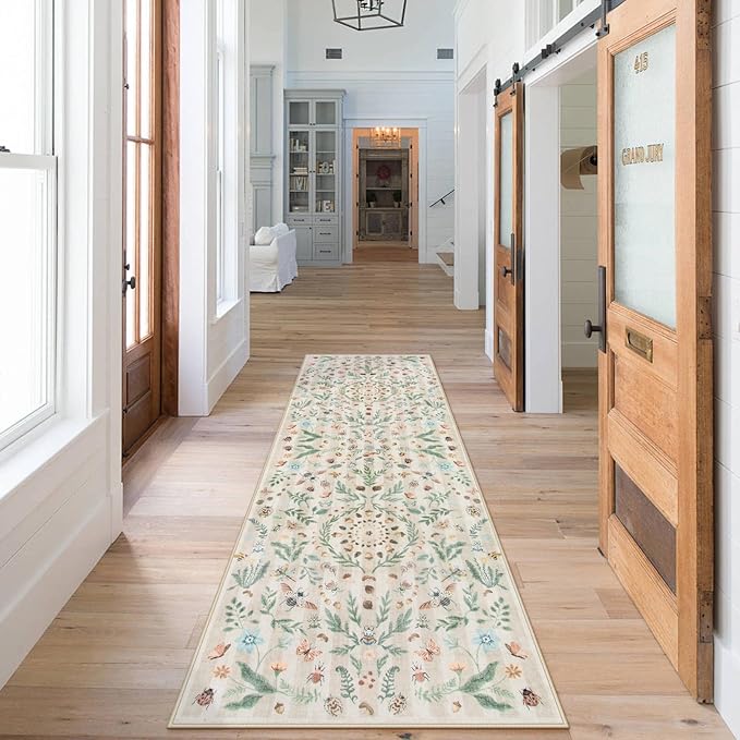 Lahome Chloe Insect Botanical Bathroom Beige Runners for Hallways, Non Slip Washable Kitchen Bathroom Carpet Runner,Soft Non Skid Indoor Rugs for Entryway Laundry Bedroom(Beige,2'6"x10')