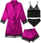 Womens 4 Pcs Lingeries Silk Pajamas Robes Set Sexy Pjs Cami Shorts Satin Sleepwear Lace Loungewear