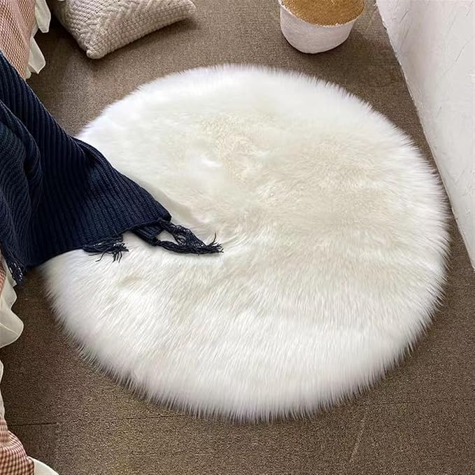 Lifup Soft Round Shaggy Rug, Faux Fur Area Rug, Fluffy Plush Carpets Circle Rugs for Living Room Fuzzy Rugs for Bedroom Under Dining Table Home Office Decor White 1.8x1.8 Feet