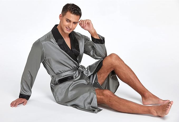 Tony & Candice Men's Satin Robe Lightweight Long Sleeve Silk Kimono Bathrobe with Shorts Set Sleepwear