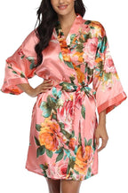 Floral Silk Robes for Women Kimono Satin Short Bath Robe Bridal Dressing Gown Bride Bridesmaids Lightweight Bathrobes
