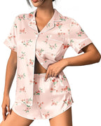 Ekouaer Womens Silk Satin Pajama Set Print Short Sleeve Sleepwear Button Down Pjs Shorts Set Loungewear
