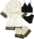WDIRARA Women' Silk Satin Pajamas Set 4pcs Lingerie Floral Lace Cami Sleepwear with Robe