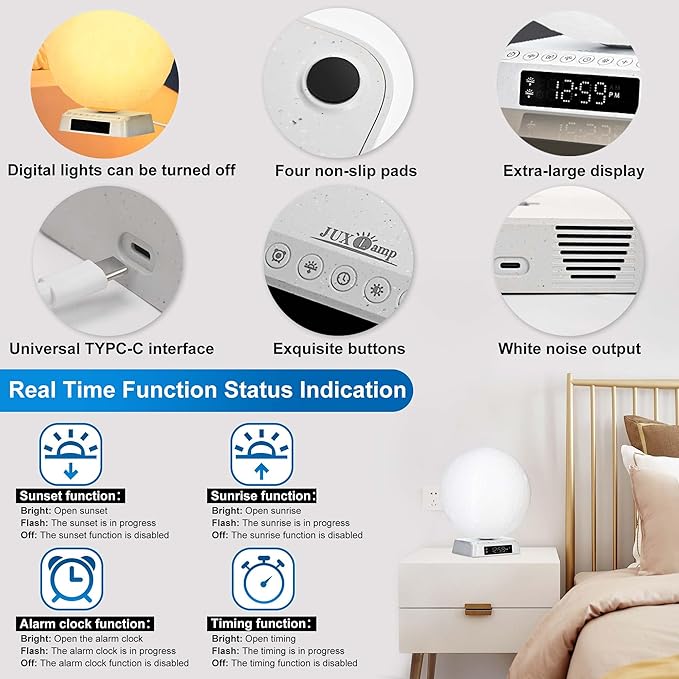 Sunrise Alarm Clock Wake Up Light - 3 Color LED Lamp with Sound & Light Awakening, Bioclock Adjustment & APP Control, Moon-Shaped Linen Lamp Shade for Bedroom Bedside