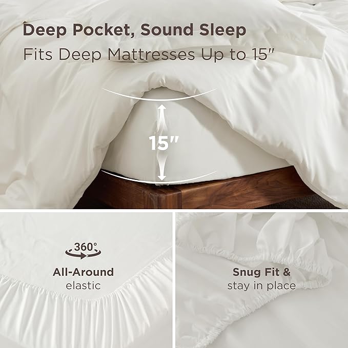 Bedsure Duvet Cover with Fitted Sheet Queen - Deep Pocket, Hotel Luxury Soft Double Brushed Bedding Set with Zipper Closure, 1 Duvet Cover, 1 Fitted Sheet, 2 Pillow Shams, NO Comforter, Cream White