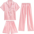 DIPUG 3 Piece Girls Silk Pajamas Set Soft Satin PJs Sleepwear for Comfortable Nights