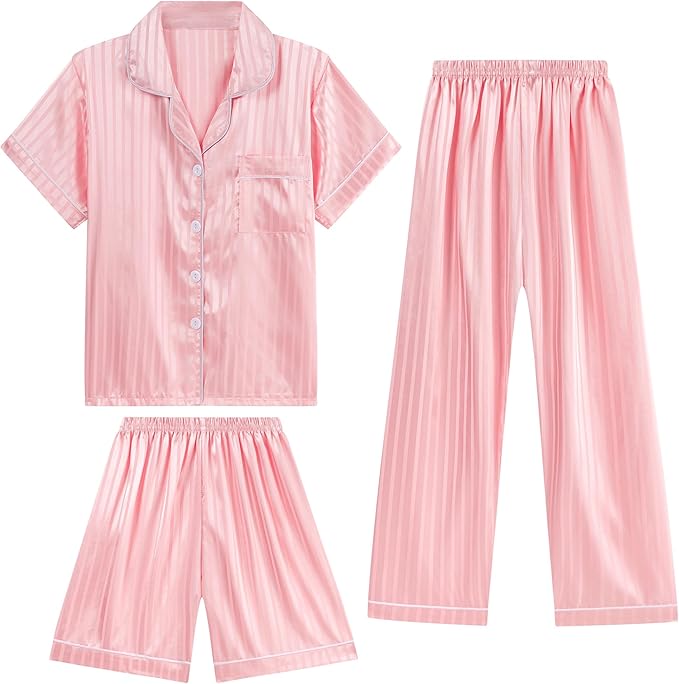 DIPUG 3 Piece Girls Silk Pajamas Set Soft Satin PJs Sleepwear for Comfortable Nights