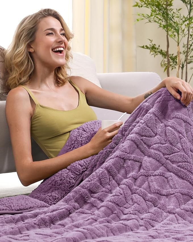 Cottonblue Jacquard Weighted Blanket 15 lbs for Adults Queen Twin Full Size, Fuzzy Sherpa Fleece Weighted Throw Blankets 60x80 in for Relax & Sleep, Cozy Heavy Bed Blankets with Glass Beads, Purple