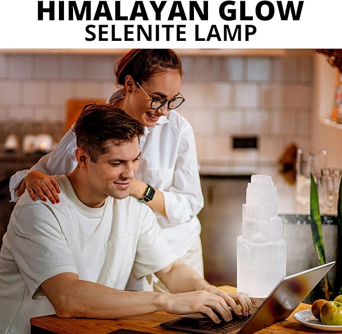 Himalayan Glow Selenite Crystal Lamp 20cm, Hand Curved Morocco |Skyscraper| Crystals and Healing Stones,(ETL Certified) with Wooden Base & USB Charging Cable For Healing Cleansing & Meditation
