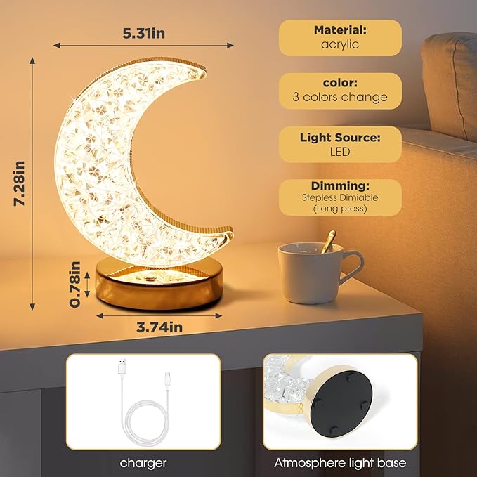 SupBri Moon Lamp, Crystal Lamp 3 Color Modes & Touch Control, Cute Night Light for Kids Girls Birthday, Bedroom,Ramadan Decorations