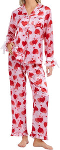 SWOMOG Womens Silk Satin Pajamas Set Long Sleeve Button Down Sleepwear 2 Piece Lounge Set Pj Set XS-3XL