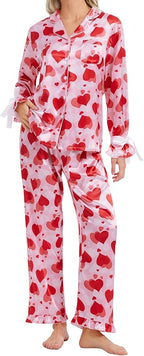 SWOMOG Womens Silk Satin Pajamas Set Long Sleeve Button Down Sleepwear 2 Piece Lounge Set Pj Set XS-3XL