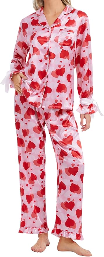 SWOMOG Womens Silk Satin Pajamas Set Long Sleeve Button Down Sleepwear 2 Piece Lounge Set Pj Set XS-3XL