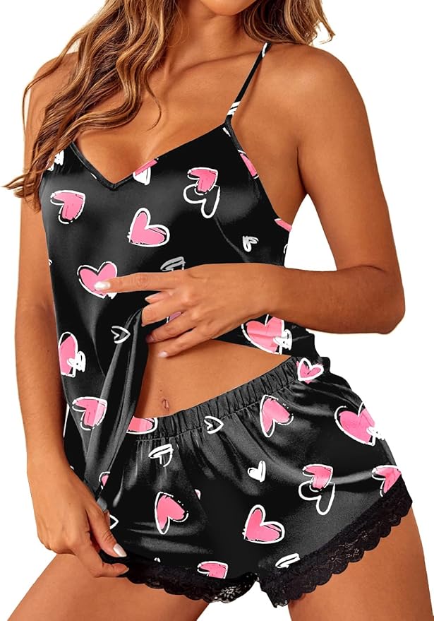 Ekouaer Satin Pajamas Women Lace Sleepwear Lingerie Cami Shorts Set Nightwear XS-XXL
