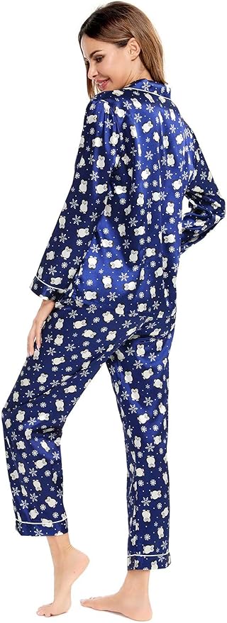 SWOMOG Womens Silk Satin Pajamas Set Long Sleeve Button Down Sleepwear 2 Piece Lounge Set Pj Set XS-3XL
