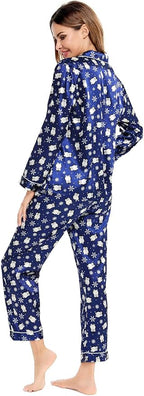 SWOMOG Womens Silk Satin Pajamas Set Long Sleeve Button Down Sleepwear 2 Piece Lounge Set Pj Set XS-3XL