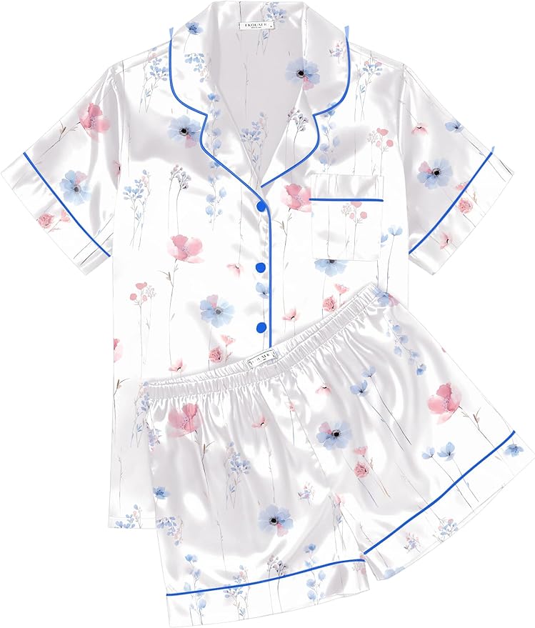 Ekouaer Womens Silk Satin Pajama Sets Soft Short Sleeve Button Down Sleepwear Top and Shorts 2 Piece Pjs Lounge Set