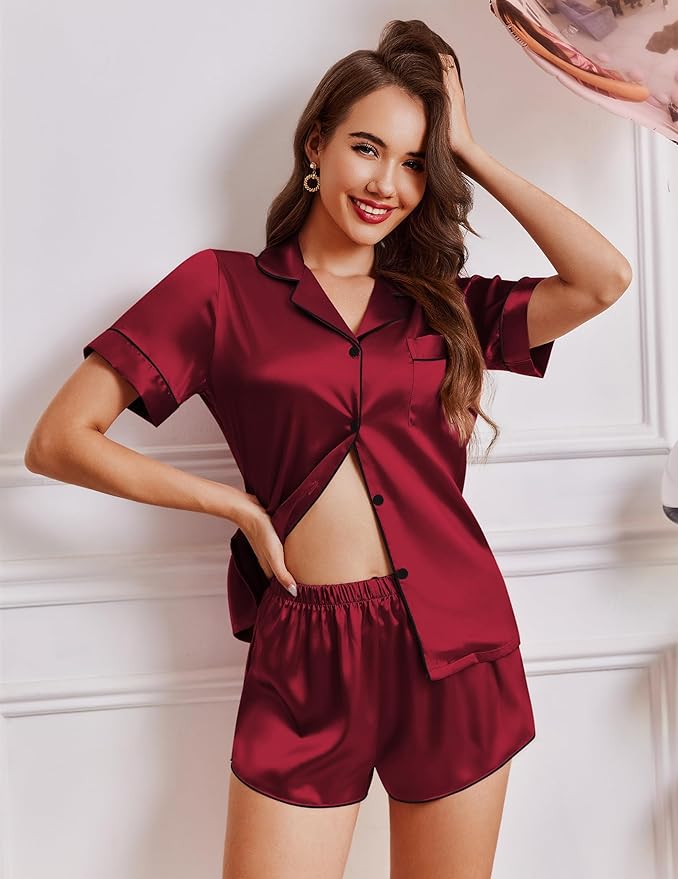 Ekouaer Womens Silk Satin Pajamas Short Sleeve PJS Shorts Set Soft Button Down Sleepwear 2 Piece Loungewear S-5XL