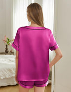 Silk Pajamas for Women Short Sleeve Satin 2 Piece Pj Set Soft V Neck Sleepwear Loungewear, S-XXL