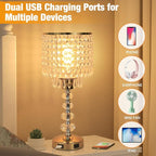 Acaxin Crystal Table Bedside Lamp Touch Control, 3-Way Dimmable Small Nightstand Lamp with 2 USB Charging Ports, Decorative Gold Tabletop Lamp for Bedroom, Living Room and Guest Room