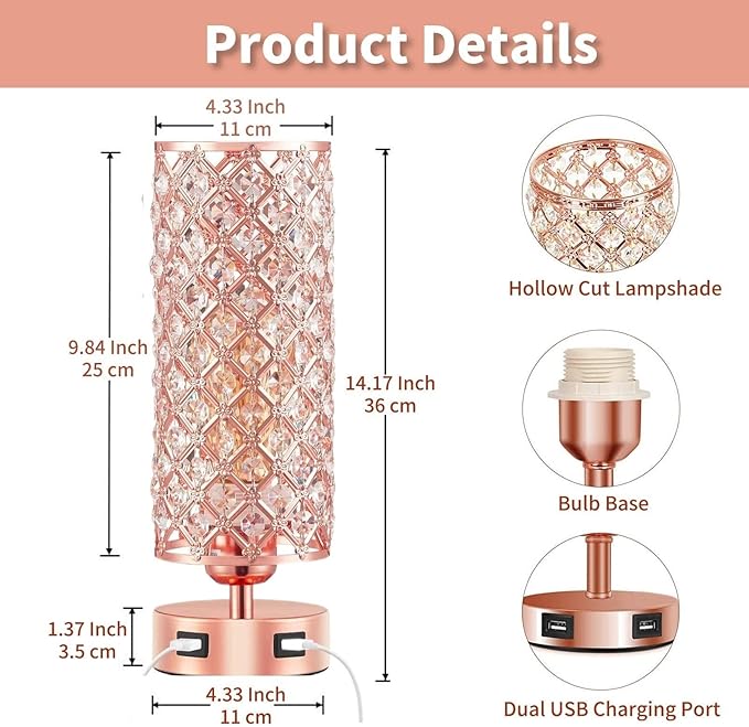 Crystal Table Lamps, Rose Gold Touch Desk Lamp Bedside Pink Lamp with 2 USB Charging Port Nightstand Night Light Room Decor for Bedroom, Kids Room, Home Office, Living Room,Bar, Restaurant