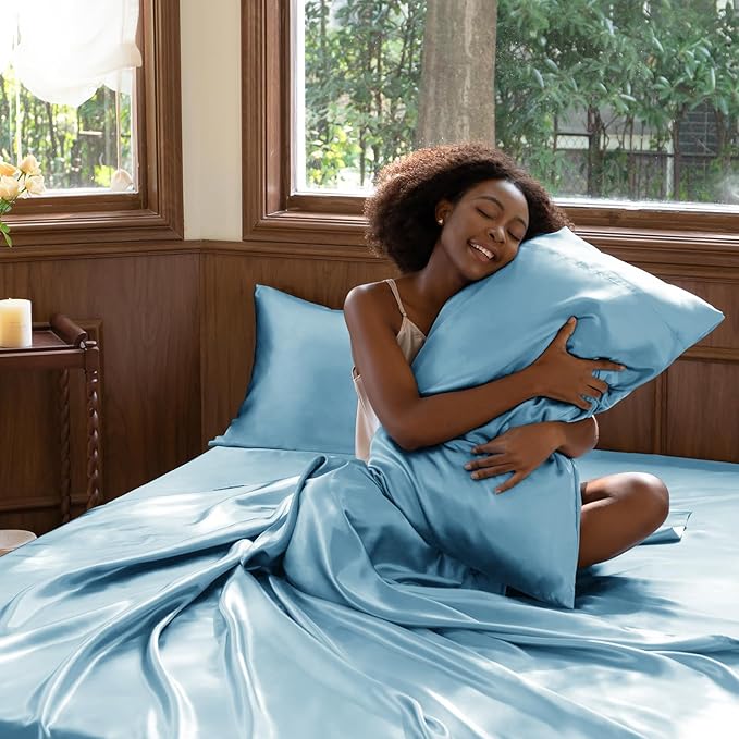 CozyLux Satin Sheets Full Size Sheets - 4 Piece Silky Full Size Bed Sheets, Luxury Sky Blue Full Bed Set with Smooth and Soft Microfiber, Includes 1 Fitted Sheet, 1 Flat Sheet and 2 Pillowcases