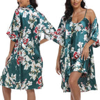 Women's Satin Robe Sets 2 Piece Nightgown Silk Pajama Sexy Floral Lingerie Lace Cami Sleepwear Night Robes